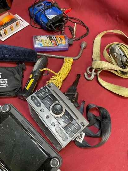 Assorted car items, radios, jumper cables, straps, etc. 12 pieces