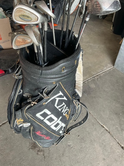 King Cobra golf bag and 15 assorted golf clubs