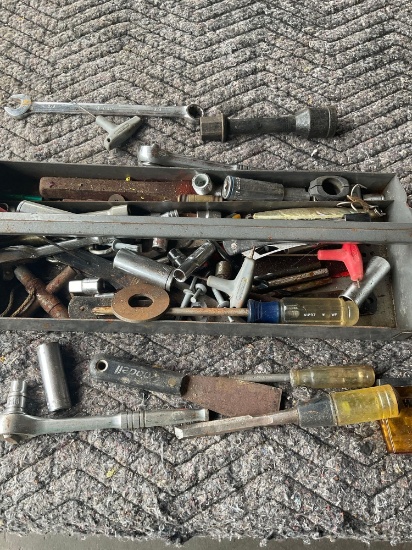 Metal tool carrier and assorted tools/ items. Over 20 pieces