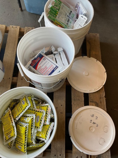 3 buckets. Emergency kit items. Some product has been expired.