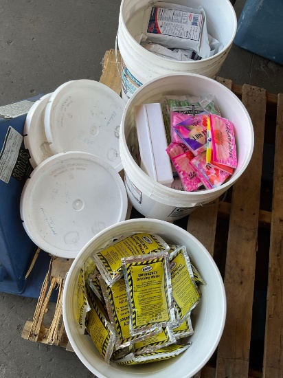 3 buckets. Emergency kit items. Some product has been expired.