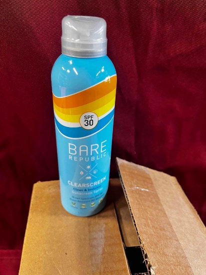 New Bare Republic SPF sunscreen spray, 12 bottles per box, exp 10/2023, 2 boxes