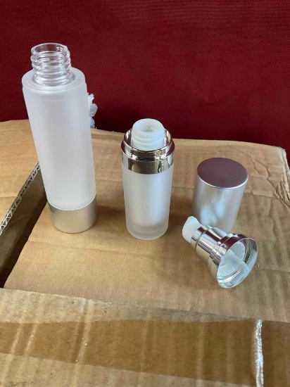 Caps fit bottles....New. Cases= 1) 300 pieces pumps and caps, 1) 200 pieces frosted 50ml bottles,