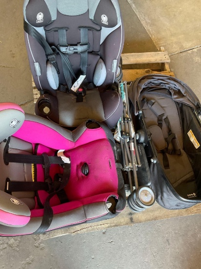 Child's car seat, stroller, basket . 4 pieces