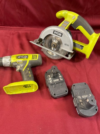 Ryobi drill & saw, 2) batteries only one works, no charger, both machines worked