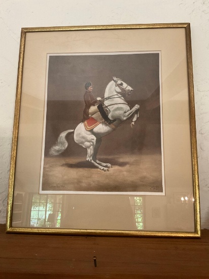 J Plank Courbette Man On Horse back, framed art with handwritten note on the back. 16.5" T x 14" W