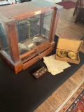 Antique ME'G'D For F_W_ Braun & Co Los Angeles wood and glass chemist scale with weights