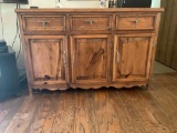 Rustic three drawer & door wood cabinet with metal bull horn handles and metal hardware/ accents