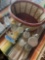 Large lot of assorted salt and pepper shakers, basket. 14 pieces