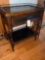 Vintage. Wood side table with single drawer, shelving and metal accents. 32