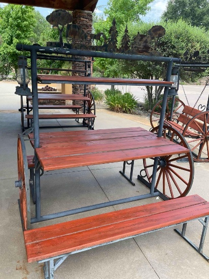 Iron Western Wagon wheel picnic table with two benches