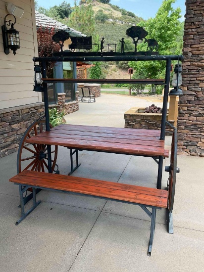 Iron/ wood Western Wagon wheel picnic table with two benches