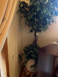 Approximately 9' artificial tree in basket & wood table/ stand