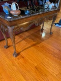 Vintage wood sofa table with ball and claw feet, marble top. 32