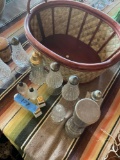 Large lot of assorted salt and pepper shakers, basket. 14 pieces