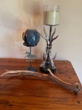 Lot. teal candle holder with candle, plastic antler & plastic antler candle holder and candle. 3