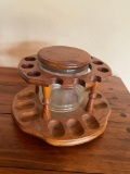 Wood 12 pipe Lazy Suzan with glass storage for tobacco.