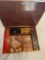 Vintage wood chess table with storage & game pieces 20