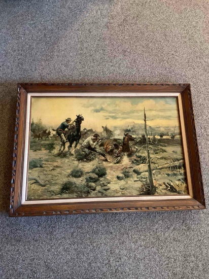 Framed wall art. Signed CM Russell print on canvas. 42" W x 30"H