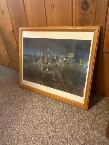 Framed wall art. "When Guns Speak Death Settles Disputes" Russell print. 21 1/2 W x 17 3/4" H