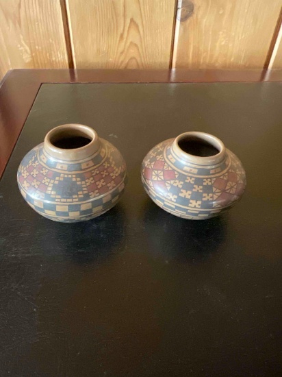 Vintage signed Rene Pedregon & Enrique Pedregon Ortiz 3" x 3" pottery vases. 2 pieces