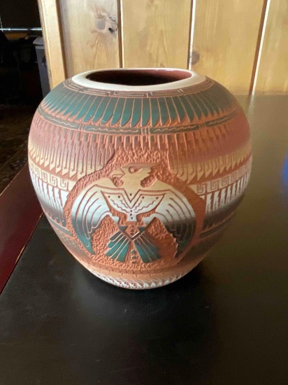 Vintage signed Norma Lamone edged pottery vase. 5" x 5"