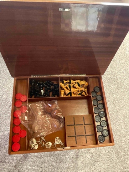 Vintage wood chess table with storage & game pieces 20" x 18" 14"
