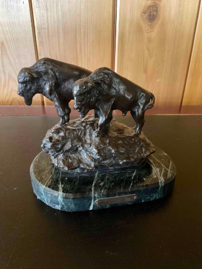 Charles M Russell signed bronze sculpture., Buffalos