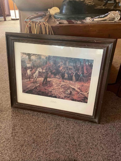 Framed wall art. "The Hold Up" signed by Charles M Russell print