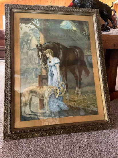 Framed wall art. Girl with dog and horse. 23.5" W x 29" H