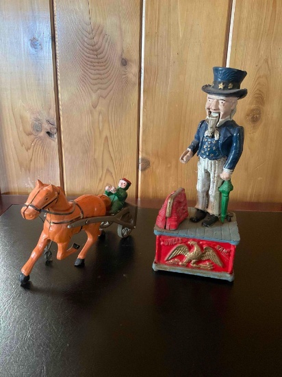 Vintage 11" cast iron Uncle Sam piggy bank & cast iron Horse cart with driver 5.5" x 8"