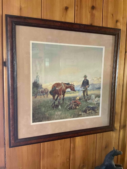 Charles M Russell, Framed wall art. Signed CM Russell print. 24"W x 24" H