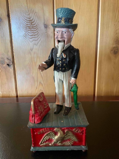 Vintage 11" cast iron Uncle Sam piggy bank missing plug