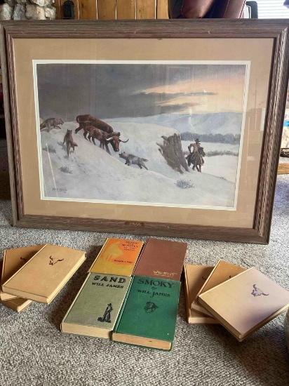 Will Jame framed wall art "Friend Or Foe" Signed, 628/1000 & 10 vintage books