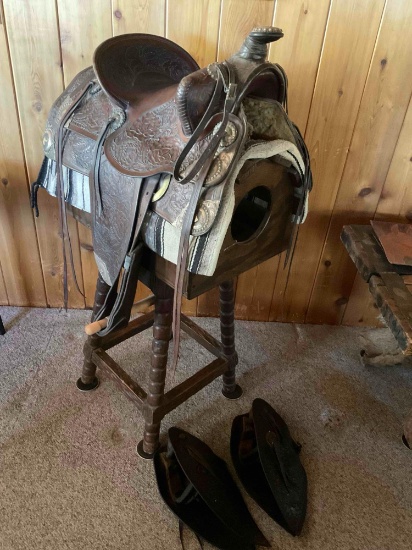 Vintage 14" leather saddle & stirrups, wood saddle stand with storage & saddle pad