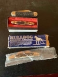 Assorted foldable knives. Uncle Henry, Bull Dog & unknown. 3 pieces