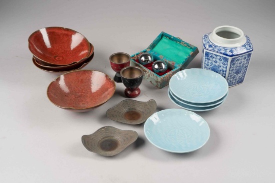 Assorted saucers, vase, egg cups, boading ball box. 13 pieces