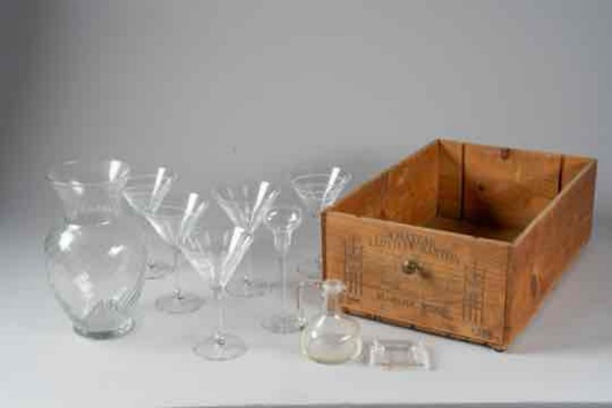 Vintage, Chayeau Leoville Barton advertising wood crate & assorted glassware