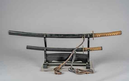 Vintage. 2 Samurai swords with display stand. Swords 27" & 40" inches long