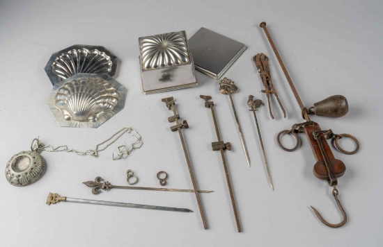 Assorted vintage items. Western skewers, scale beam with weight, etc. 11 pieces