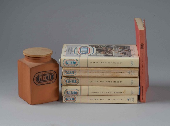 Vintage Pirets jar, Pirets Uncorrected proof book & 5) books