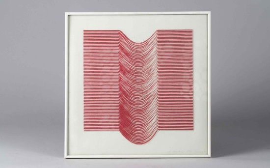 Framed art in silk, 20" x 20", 1986, by Masakazu Kobayashi