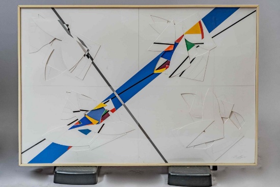 Framed art. Signed Nancy Kay, 1984. 40" x 80"