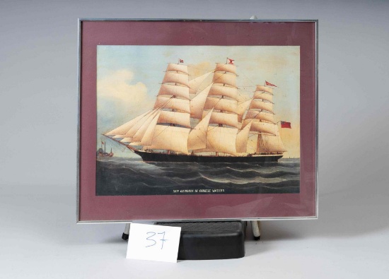 Framed Art. Ship Cilurnum In Chines Waters. 28" x 24"