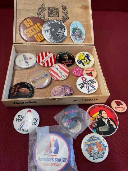 20 vintage pins & Bacchus cigar box