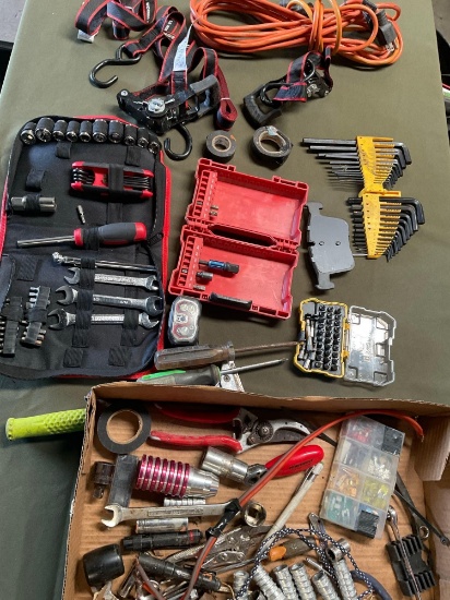 Assorted tools, straps, electrical cord, etc. Over30 pieces