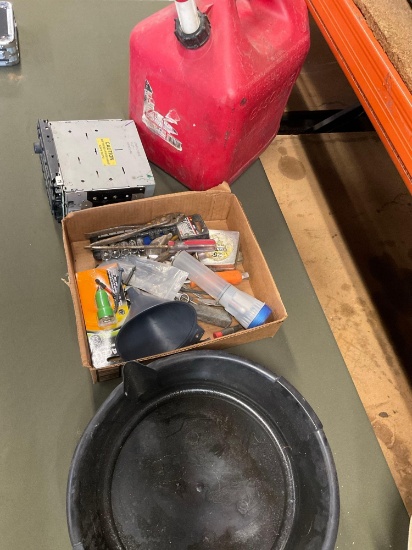 5 gallon gasoline container, car radio, assorted tools and 7 qt drain pan.