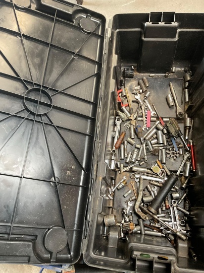 Large plastic storage containers and assorted tools. Over 40 pieces