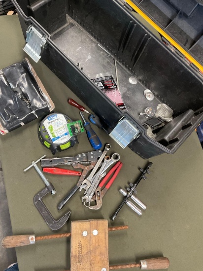 Large Dewalt tool box, carpenters tool and assorted tools. 25 pieces
