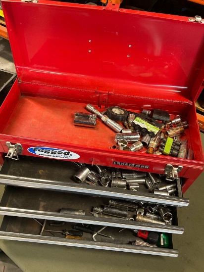 Craftsman metal three drawer tools box and assorted tools. Over 65 pieces